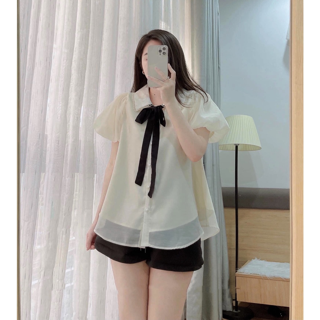 Áo sơ mi babydoll ren tơ form thụng dáng xòe áo sơ mi kiểu nữ DN090