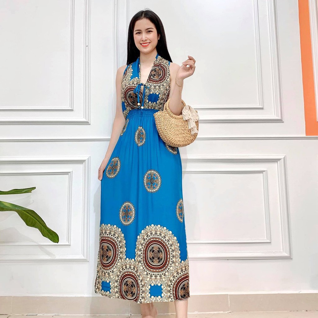 Đầm maxi đi biển dài hở lưng AMYRA - váy nữ maxi dáng dài họa tiết da beo và bi mx015 | BigBuy360 - bigbuy360.vn