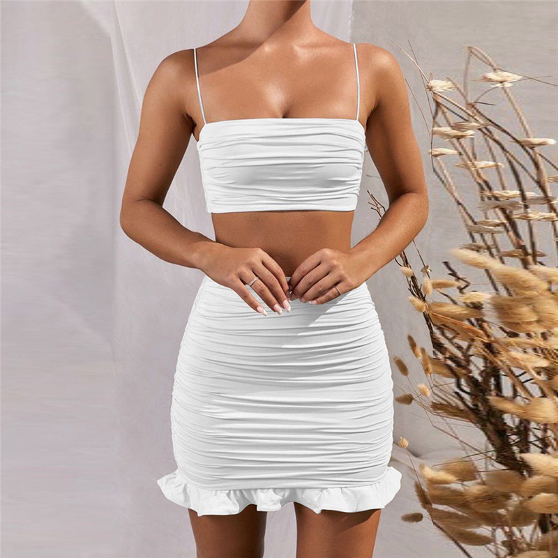 Bộ Áo Croptop Hai Dây Phối Bèo + Chân Váy Ôm Mini Thời Trang Mùa Hè 2020 Cho Nữ | BigBuy360 - bigbuy360.vn