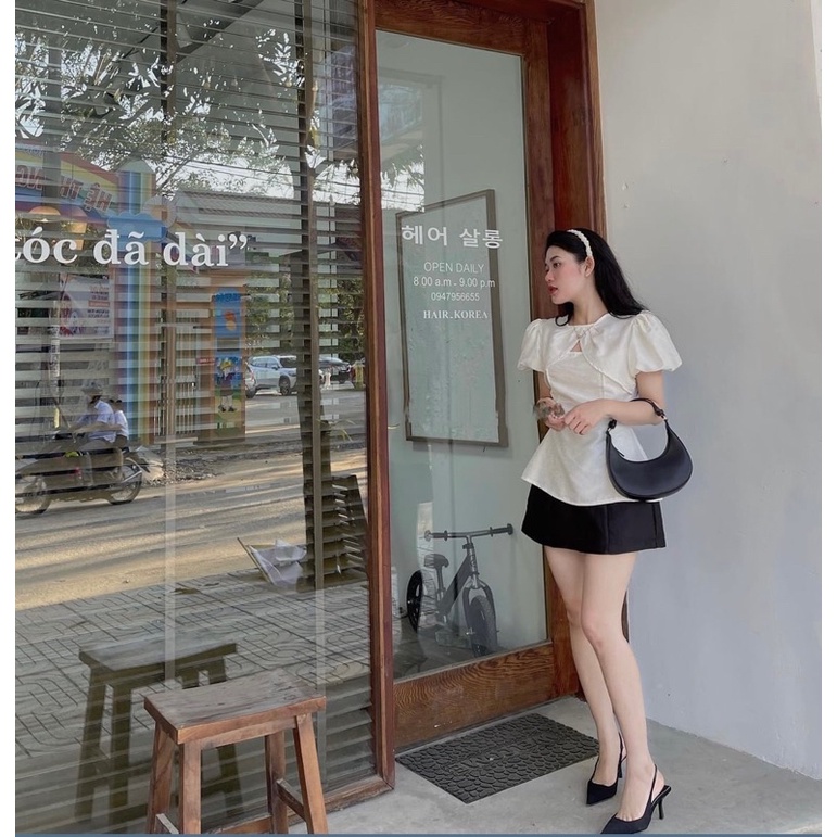 Áo peplum tay bồng cổ nhún, Áo kiểu nữ, áo bánh bèo