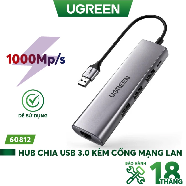 [Mã 155ELSALE giảm 7% đơn 300K] Bộ chuyển USB 3.0 sang LAN 1Gbps + Hub USB 3.0 3 cổng chính hãng UGREEN 60812 cao cấp