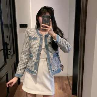 (SẴN) Set áo dạ tweed viền xanh + chân váy trắng