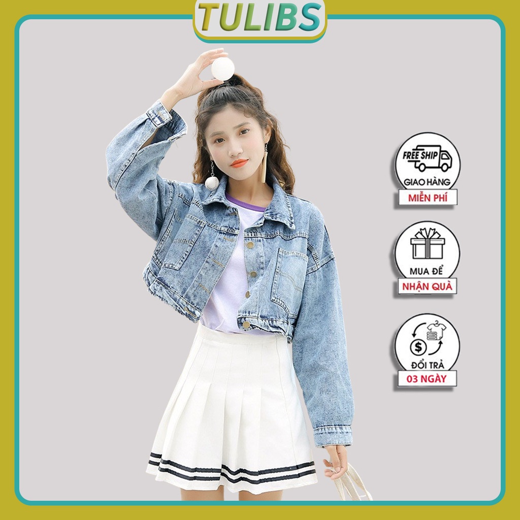 Áo khoác jean nữ croptop lửng form rộng hàn quốc nút sau sành điệu Tulibs DN003
