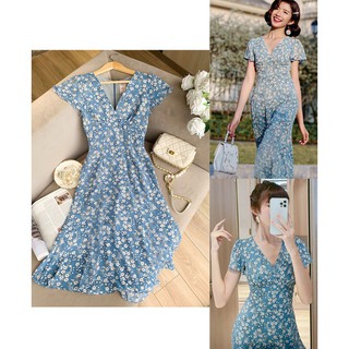 ❣️freeship❣️ đầm hoa cổ tim blue, chất xô đũi mát mẻ,nhiều size form thiết kế