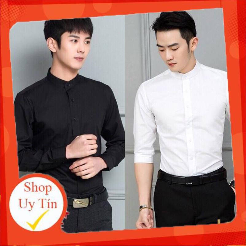 Áo sơ mi nam cotton lụa trơn mát cổ trụ màu đen lịch lãm TT NAM FATUNO TR NAM FATUNO
