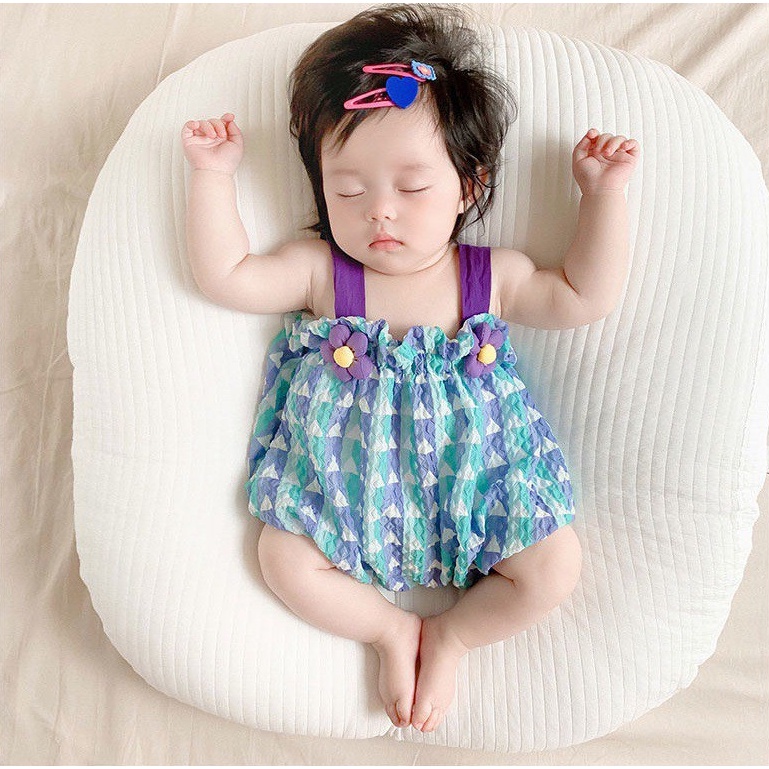 Áo liền quần BCBL hai dây họa tiết kẻ sọc trang trí bông hoa có băng đô thời trang mùa hè xinh xắn cho bé gái 3-6 tuổi