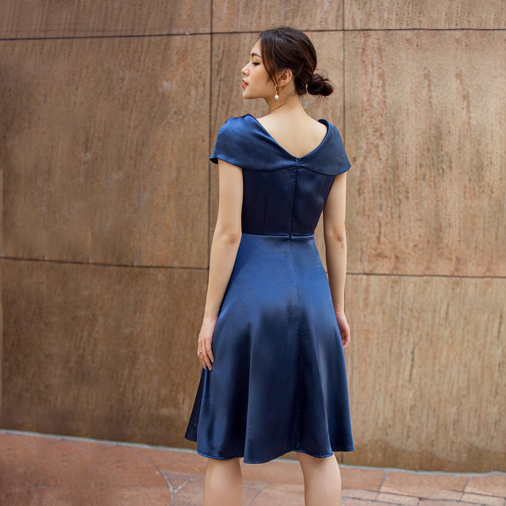 Đầm xòe dự tiệc 2 lớp thời trang Eden bẹt vai phối hoa chất liệu satin siêu mịn quyến rũ - D428