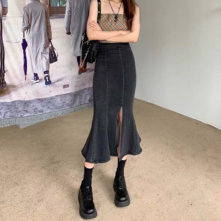 Chân váy jean Dài Xẻ Tà Thiết Kế Mới Thời Trang Mùa Thu Dành Cho Nữ