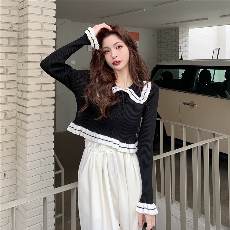 【ZHELIHANGFEI】 / Áo Sweater Dệt Kim Cổ Búp Bê Dáng Ôm Thiết Kế Cột Dây Kiểu Retro Thời Trang Xuân Hè Cho Nữ