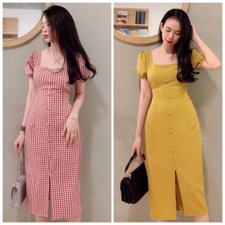 Đầm váy caro cổ vuông cột nơ