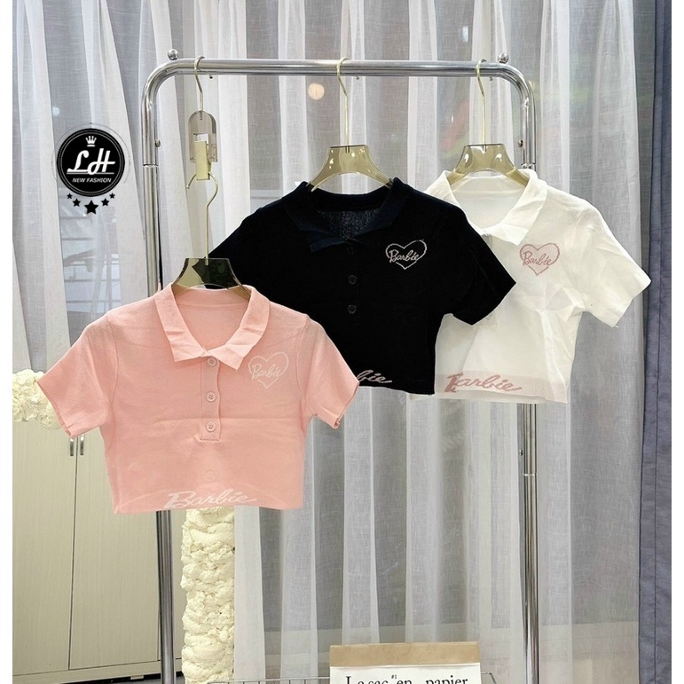 [L2M] Áo len nữ Montoghi dệt kim Quảng Châu Barbie CROPTOP cổ bẻ in hình trái tim cộc tay cực xinh