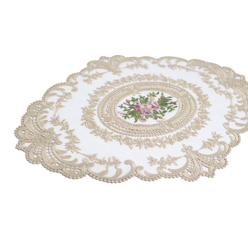 European Oval Embroidered Lace Fabric Transparent Placemat Coaster Coffee Table Mat Furniture Cover Cloth Gray