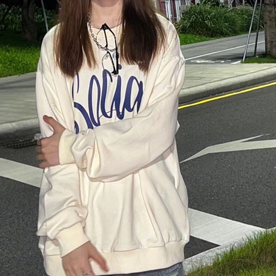 Áo Thun Tay Dài Dáng Rộng Hoạ Tiết Chữ In Phong Cách Preppy