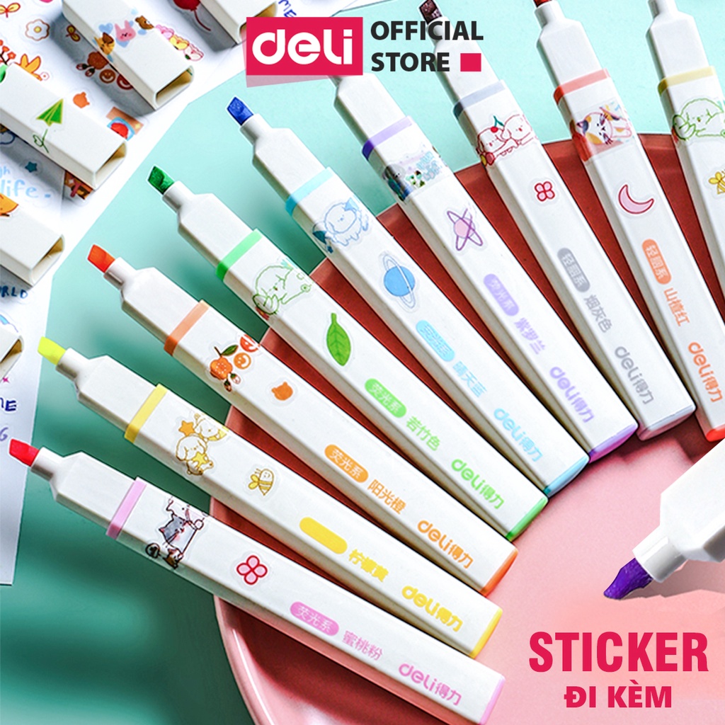 Bộ 6 bút highlight dạ quang đánh dấu nhớ dòng tặng sticker cute marker Deli ghi chú note bullet journal trang trí sổ tay