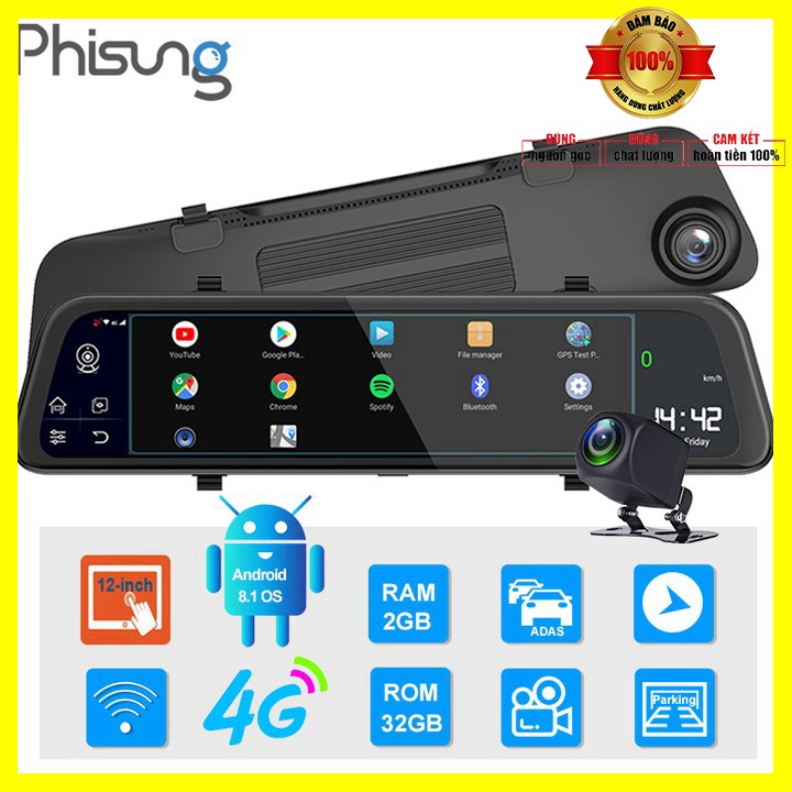 Camera hành trình gương ô tô cao cấp Whexune D50 màn hình 12 inch, 4G, Wifi, GPS - Bảo hành 12 tháng