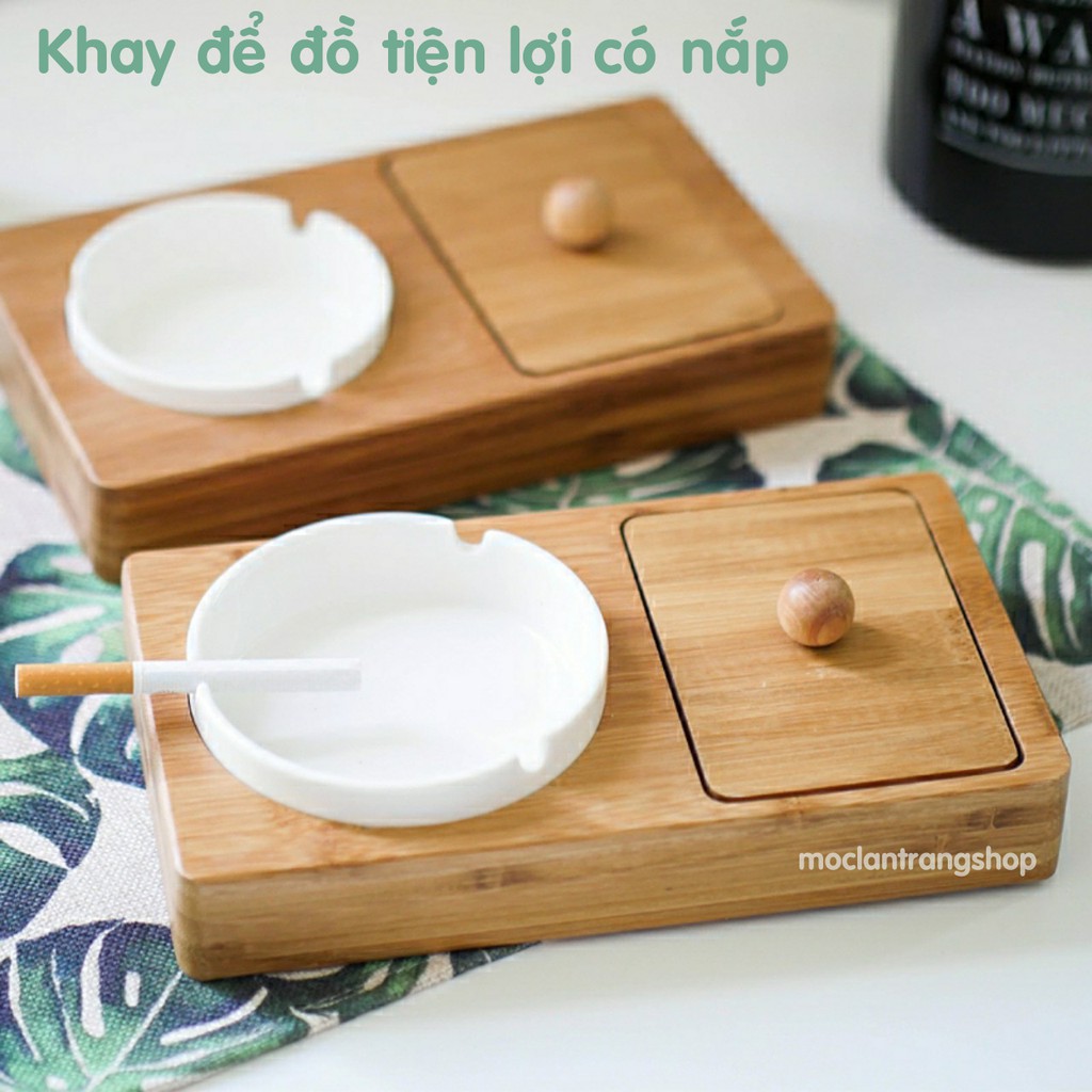 Bộ gạt tàn thuốc lá bằng sứ trắng cao cấp kèm khay đựng đồ tre tiện lợi phong cách Bắc Âu thanh lịch