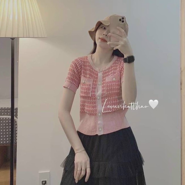 Áo len tăm túi ngực ngắn tay, Áo kiểu cúc giữa cổ tròn co giãn AL8018 - NhiNhi Shop