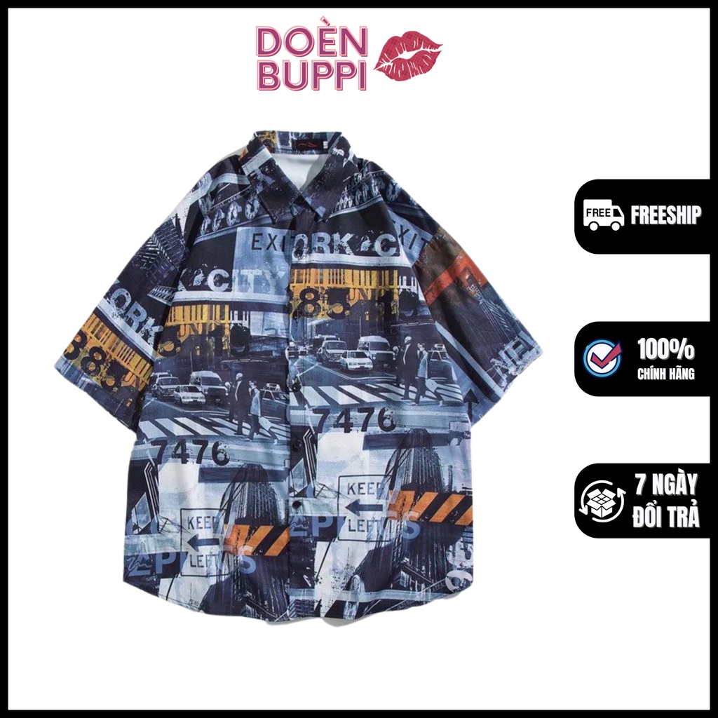 Áo sơ mi ngắn tay unisex nam nữ, cổ đứng, vải lụa lạnh nhập khẩu thoáng mát, hoạ tiết Xanh dương NewYork City- DOÈNBUPPI