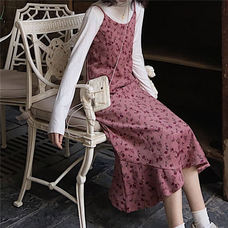 Women's Korean V-neck Midi Dress Vintage Floral Sleeveless Dresses