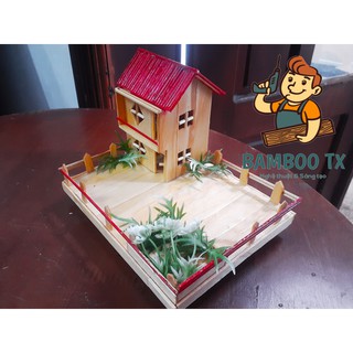 Mô hình nhà tăm Handmade - 2 tầng - bồn hoa- Quà tặng handmade - Món quà ý nghĩa - Bamboo TX 03