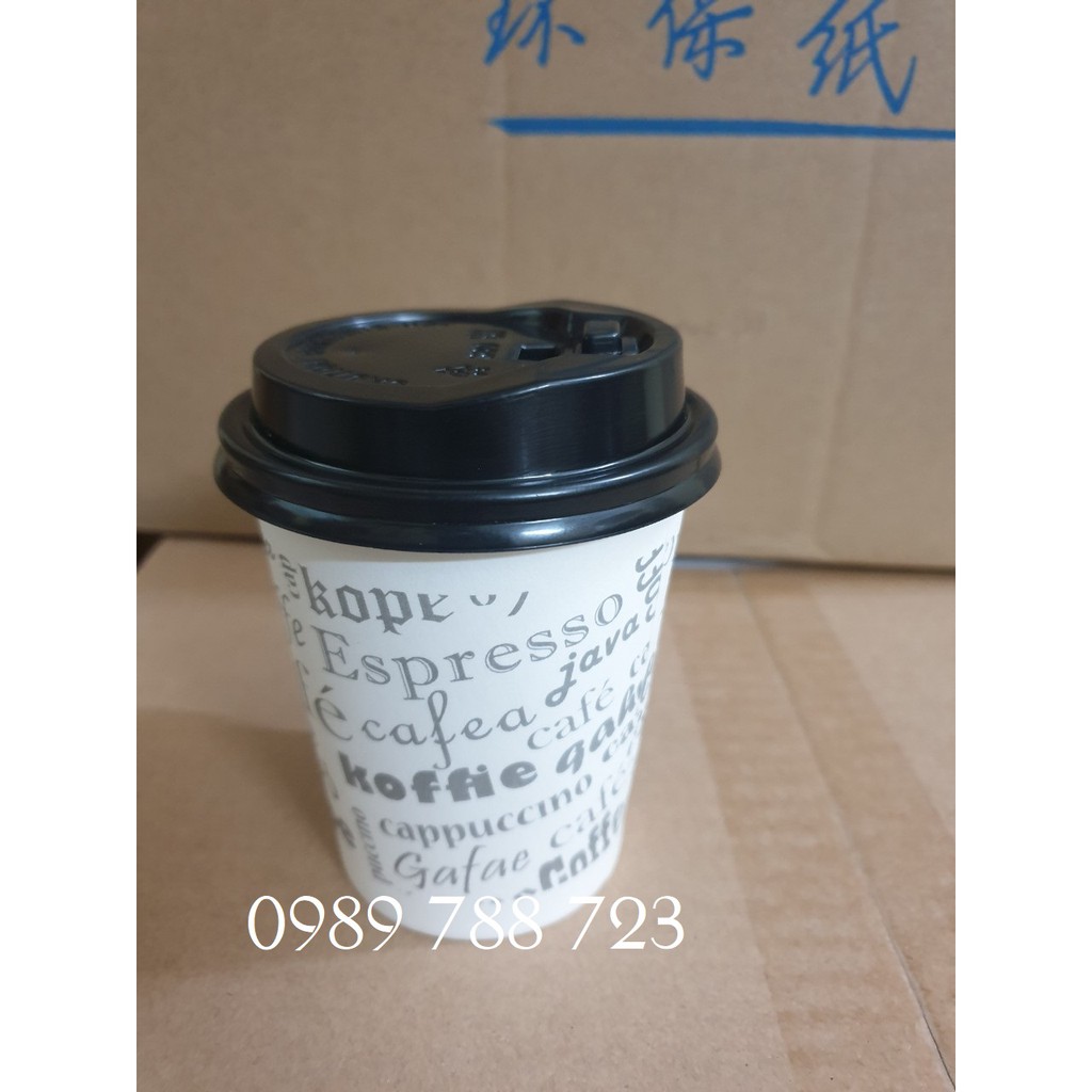 50 cốc giấy đựng cafe nóng 8oz (250ml) in sẵn logo dày đẹp nắp đen
