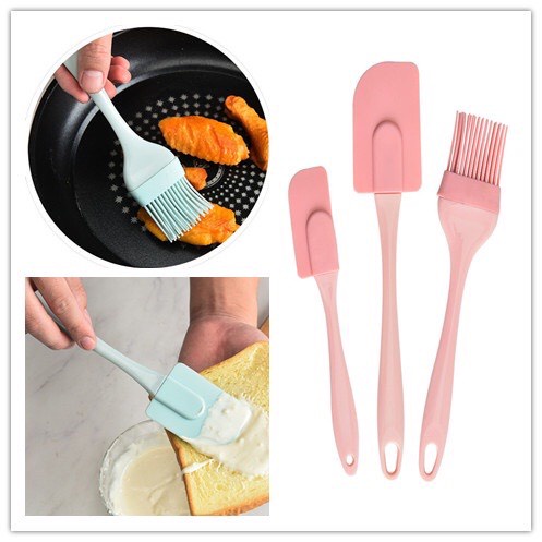 Bộ dụng cụ làm bánh 3 món silicon gồm chổi cọ quét dầu ăn, spatula trộn bột, phới dẹt silicone đánh trứng kem chịu nhiệt