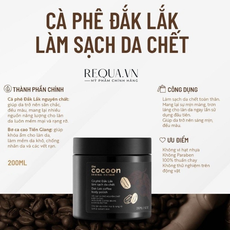 Tẩy Tế Bào Chết Cocoon Body 💖 FREESHIP 💖 Tẩy Da Chết Cocoon Mặt Cà Phê Đắk Lắk, giúp làn da đều màu, mềm mại, mịn màng | BigBuy360 - bigbuy360.vn