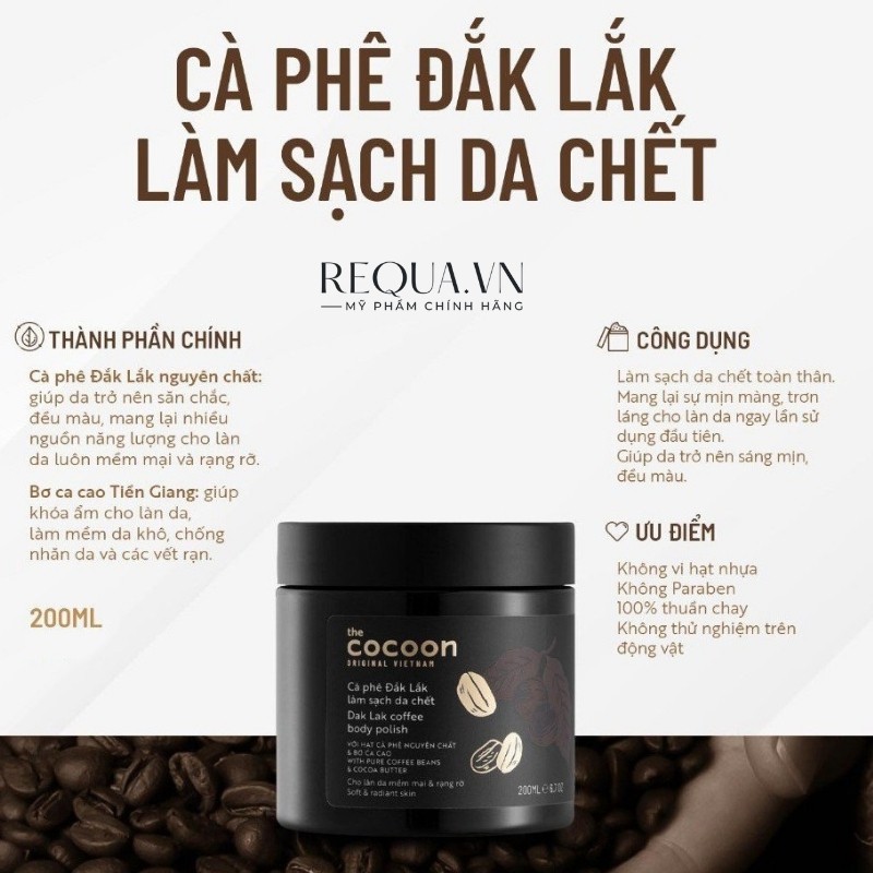 Tẩy Tế Bào Chết Cocoon Body 💖 FREESHIP 💖 Tẩy Da Chết Cocoon Mặt Cà Phê Đắk Lắk, giúp làn da đều màu, mềm mại, mịn màng