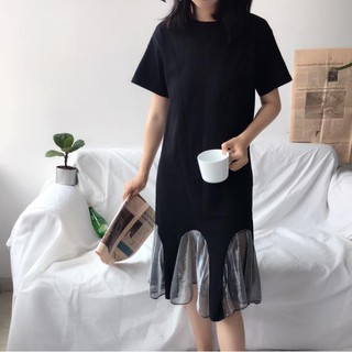 Đầm thun đen suông phối ren luới - Có ẢNH THẬT