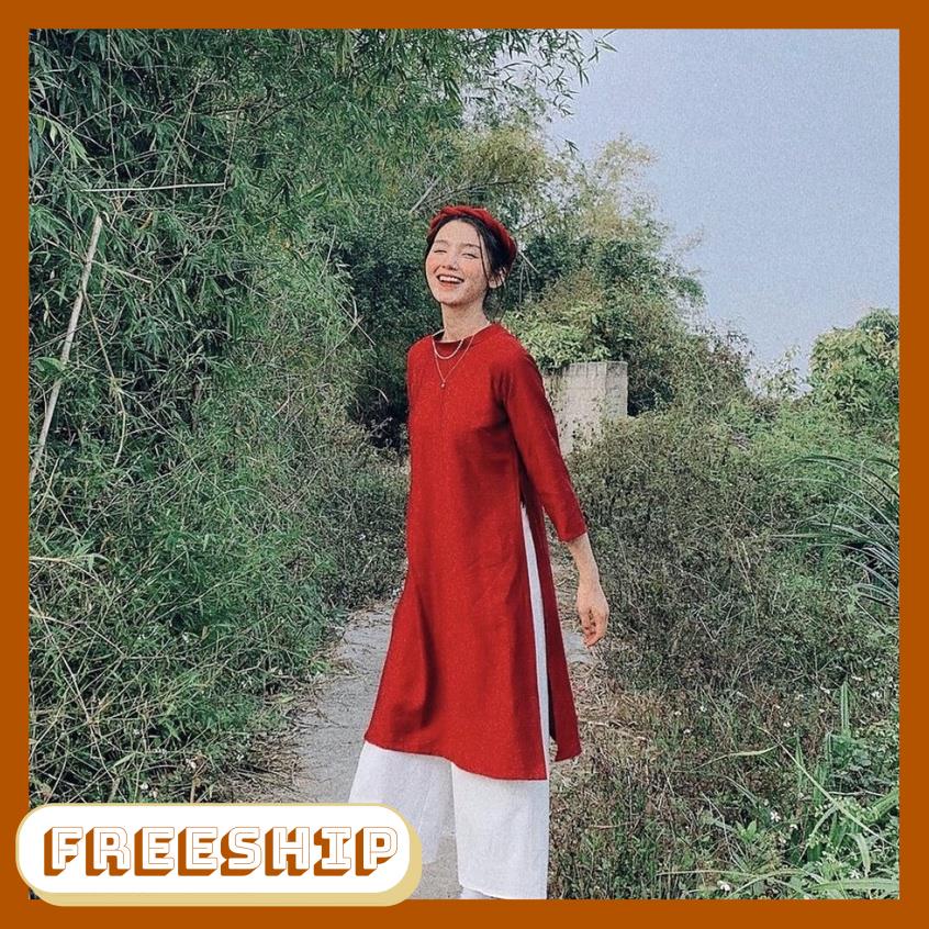 ✣☬♀Set Bộ Áo Dài Cách Tân Đỏ May Sẵn Phối Quần Ống Rộng Chất Vải Mềm Mịn Form Dáng Rãi