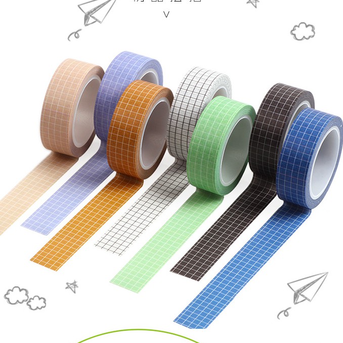 Băng keo giấy washi tape caro lưới kẻ ô vuông grid trang trí sổ tay planner màu trắng đen xanh nâu