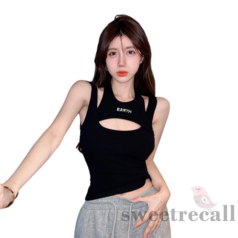 SWE-Women Backless Hollowed Letters Print Slim Fit Summer Fake 2-piece Tank Tops