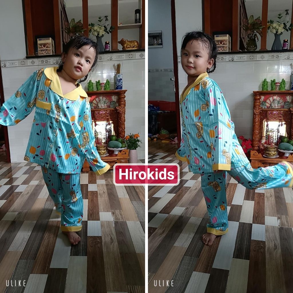 Bộ quần áo Pijama Lụa Gấm dài họa tiết viền cổ cho bé gái (12-32kg) - HIROKIDS