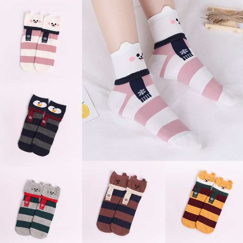 Set 5 Đôi Tất Kẻ Sọc Đính Tai Thỏ / Gấu Hoạt Hình 3D Dễ Thương Cho Nữ