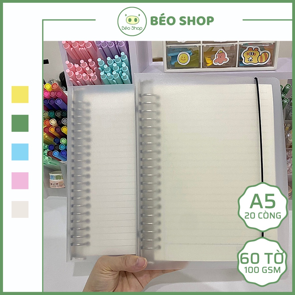 Set sổ bìa còng A5 20 còng Béo shop full items binder kim loại bìa nhựa giấy refill caro line 100gsm có thể thay giấy