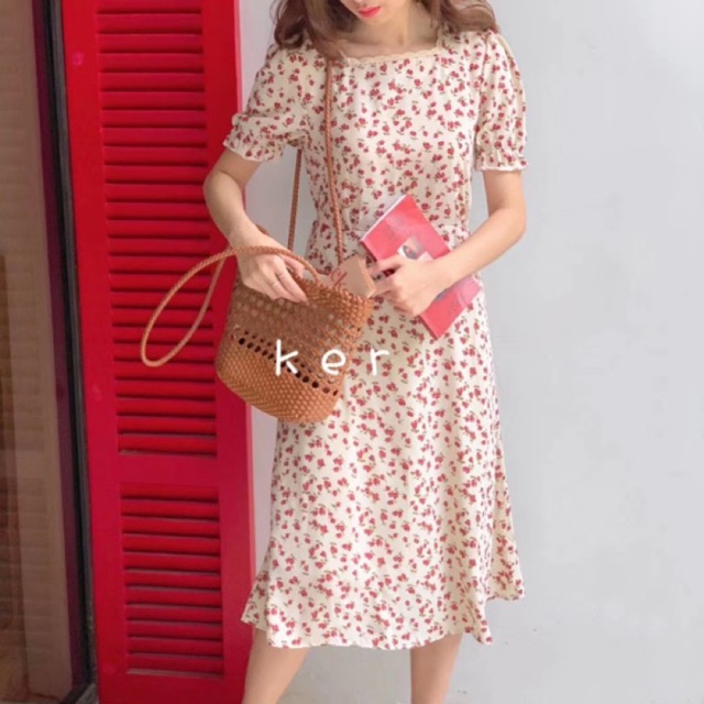Váy hoa nhí vintage ngắn tay cổ vuông viền ren Ulzzang 🌸 Hàng Quảng Châu | BigBuy360 - bigbuy360.vn