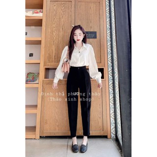 áo sơ mi lụa bóng tay bồng, quần baggy đen basic công sở