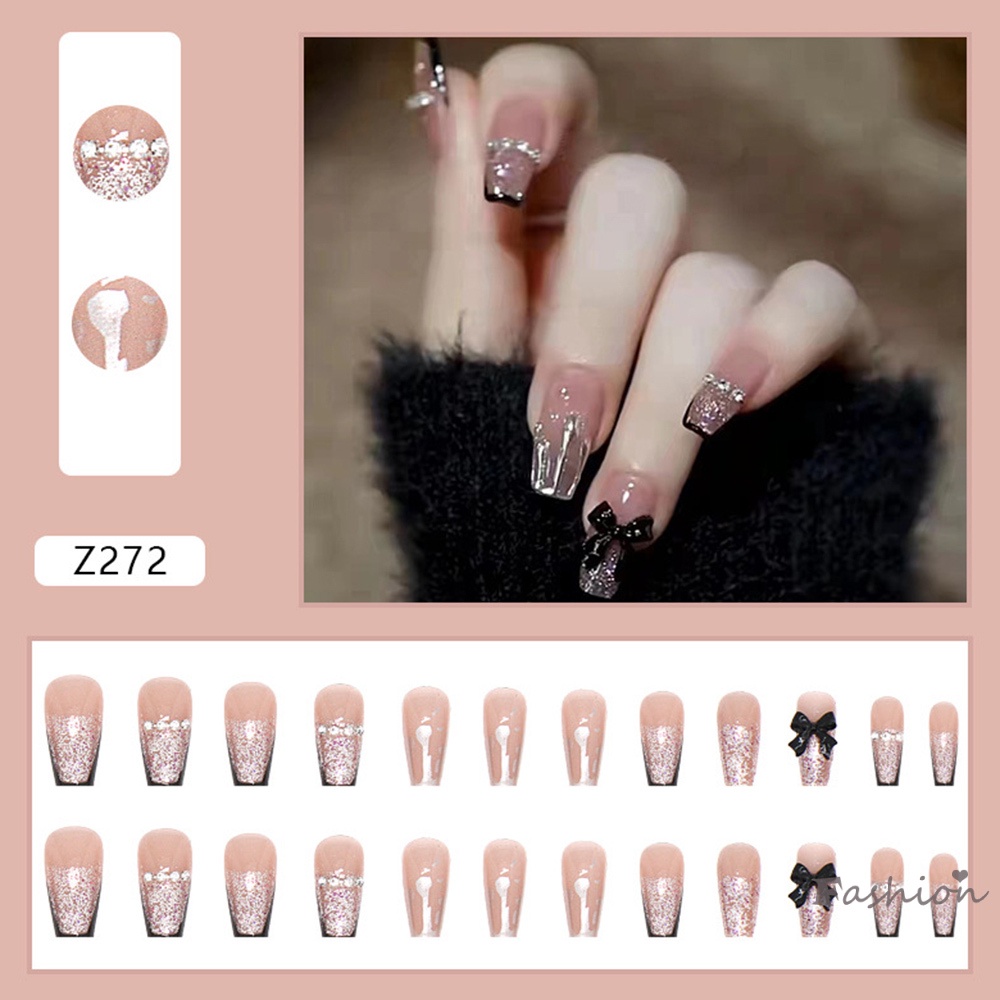 Bộ 24 Móng Tay Giả Đính Nơ Đen Trang Trí Cho Salon
