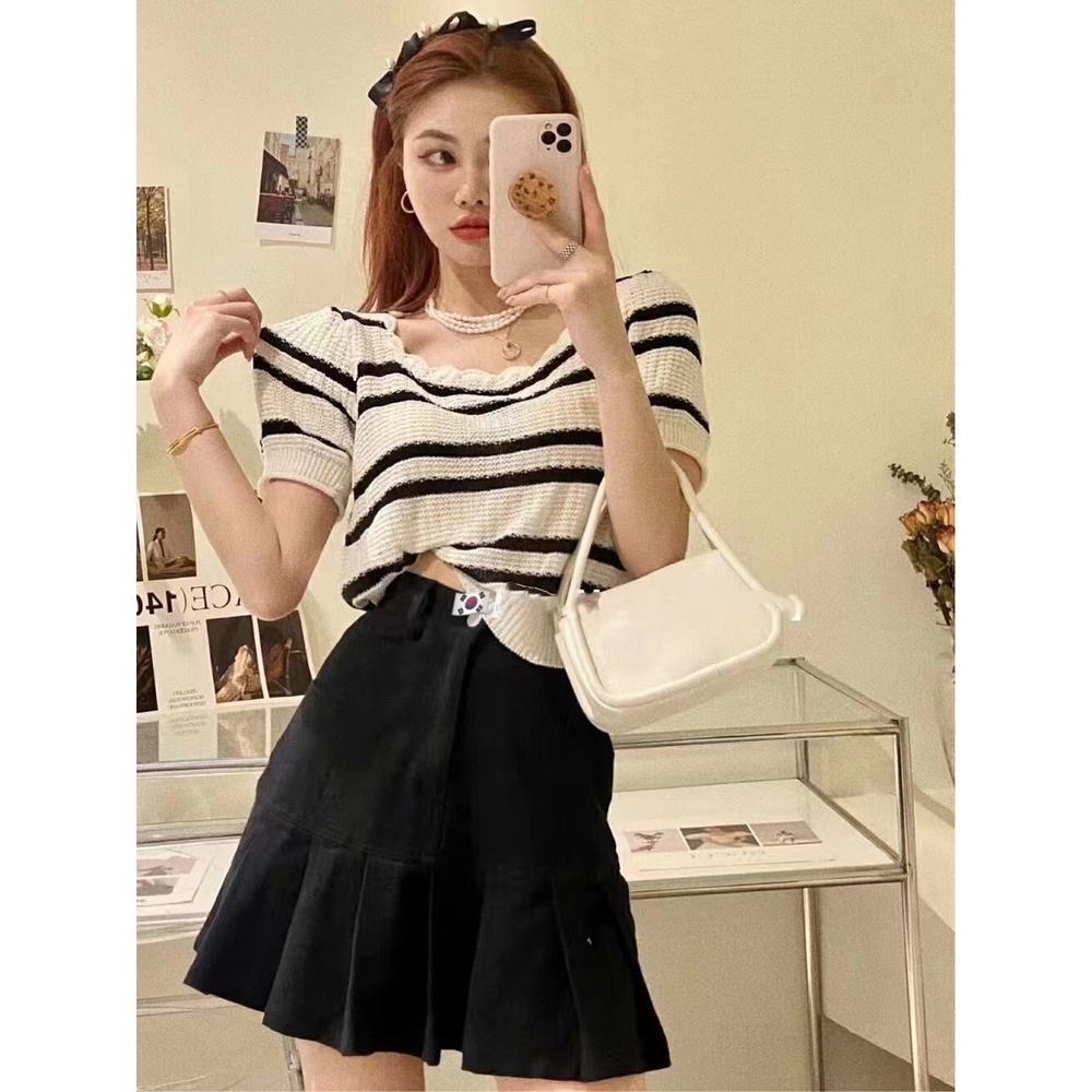 Áo thun ZHELIHANGFEI tay ngắn cổ vuông họa tiết kẻ sọc ngang dáng ôm dễ phối đồ