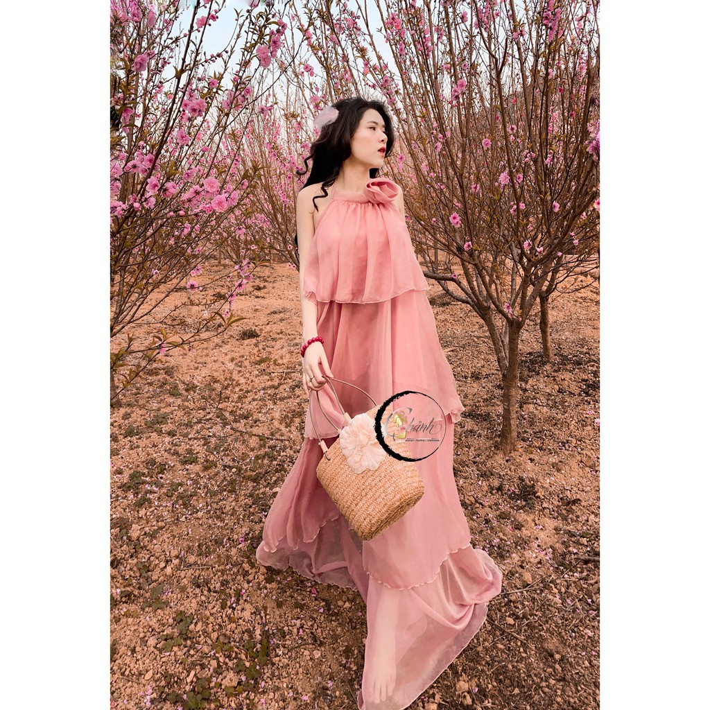 [Đầm đẹp] Đầm tầng màu hồng chất tơ hở lưng mặc cực thoải mái