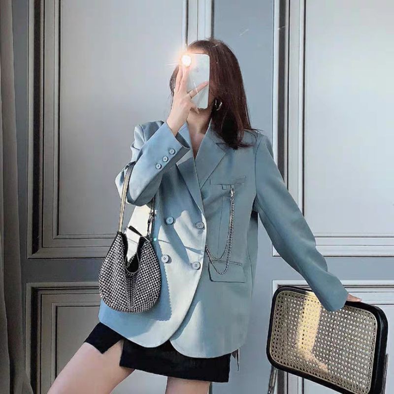 (Hàng Đẹp)Ảnh thật 3 hình cuối-HC492.Áo blazer lưng khuy kèm dây xích Hàn Quốc độc đáo