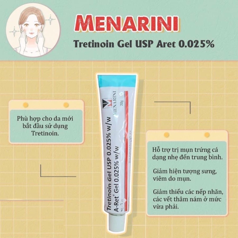 Tretinoin Aret gel 0.1% - 0.05% - 0.025% (20g) - tretinol giảm mụn, chống lão hóa (tre Ấn Độ chính hãng)