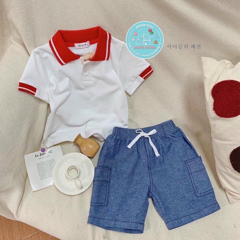 Bộ thun cộc tay cho bé - Chất liệu Cotton cá sấu, phong cách Polo, Quần giả Jean ( Denim) hàng xuất Âu Mỹ