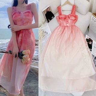 Đầm voan loang hồng 2 dây bản to có mút ngực, váy dài sang trọng quyến rũ, thời trang nữ đi chơi dạo phố du lịch