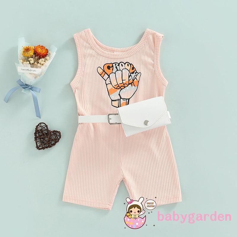 BABYGARDEN-6Months-5years Baby Girls Summer Outfits, Sleeveless Letter Print Ribbed Jumpsuit Shorts + Waist Bag Set