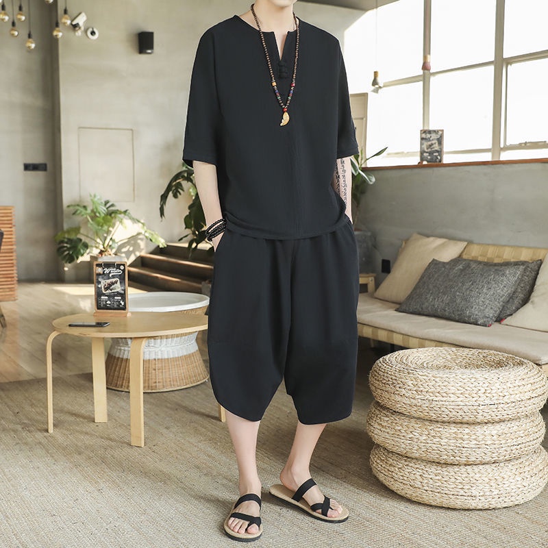 Bộ Đồ Hán Phục Tay Ngắn Bằng Vải Lanh Cotton Thời Trang Mùa Hè Cho Nam