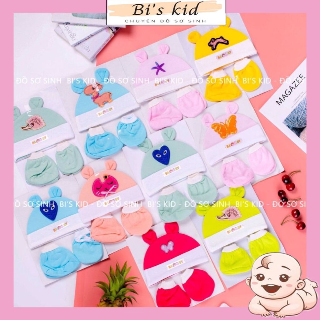 Combo cho bé sơ sinh mũ kèm bao tay chân cho bé sơ sinh, chất liệu cotton thấm hút mồ hôi