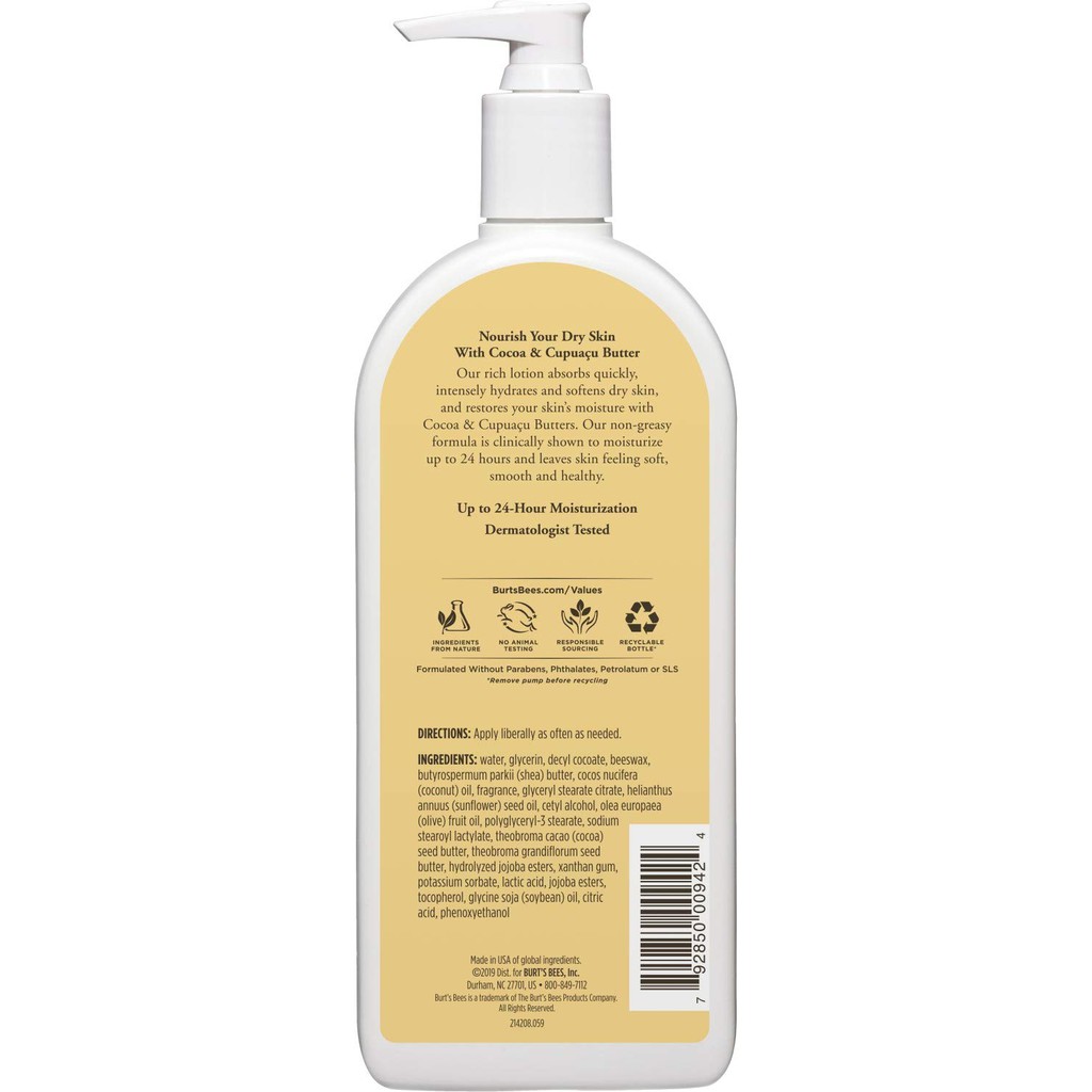 Dưỡng thể dành cho da khô Burts Bees Butter Body Lotion 340g (Mỹ)