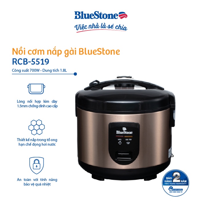 [Mã ELBLUEWL5 giảm 10% đơn 500K] NỒI CƠM ĐIỆN BLUESTONE RCB-5519