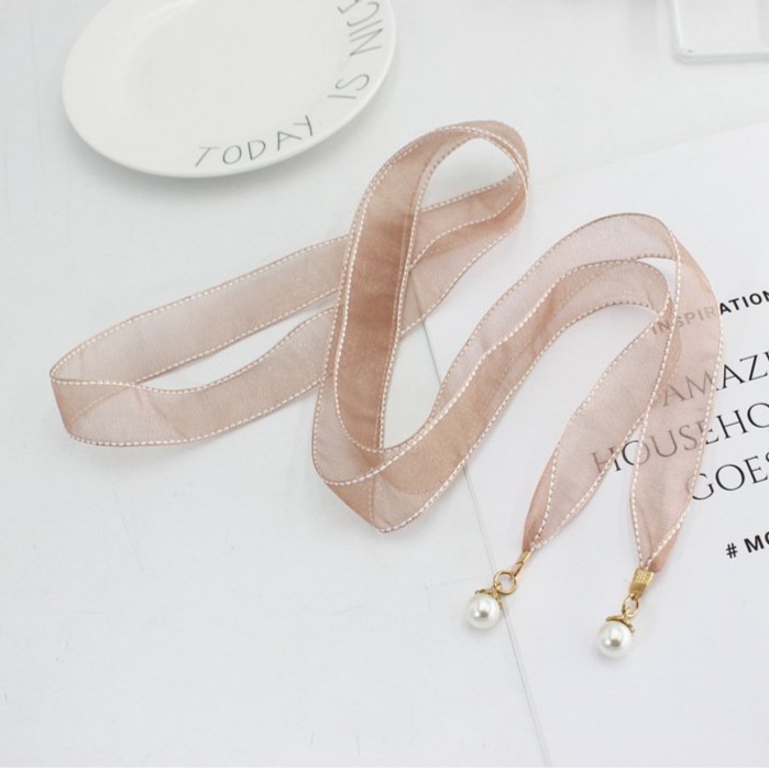 Dây thắt lưng vải voan thêu viền gắn ngọc, đai váy nữ thắt nơ thanh lịch